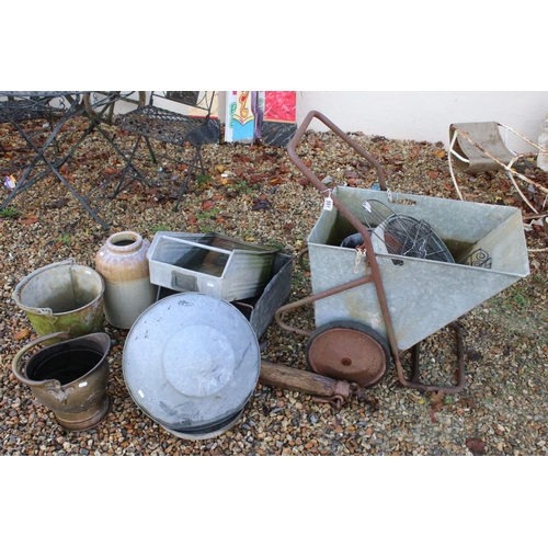 551 - Mixed lot including a Galvanised Barrow, Copper Coal Scuttle, Two Galvanised Trays, Stoneware Jar, G... 