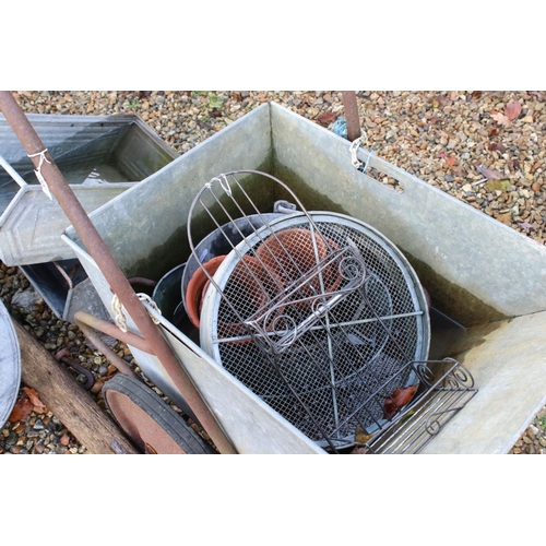 551 - Mixed lot including a Galvanised Barrow, Copper Coal Scuttle, Two Galvanised Trays, Stoneware Jar, G... 