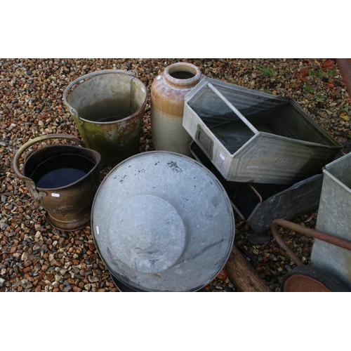 551 - Mixed lot including a Galvanised Barrow, Copper Coal Scuttle, Two Galvanised Trays, Stoneware Jar, G... 