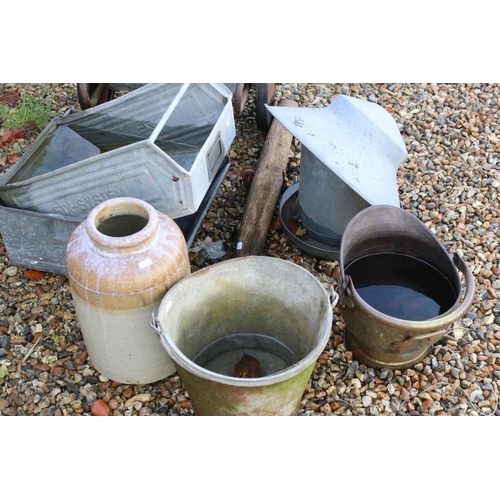 551 - Mixed lot including a Galvanised Barrow, Copper Coal Scuttle, Two Galvanised Trays, Stoneware Jar, G... 