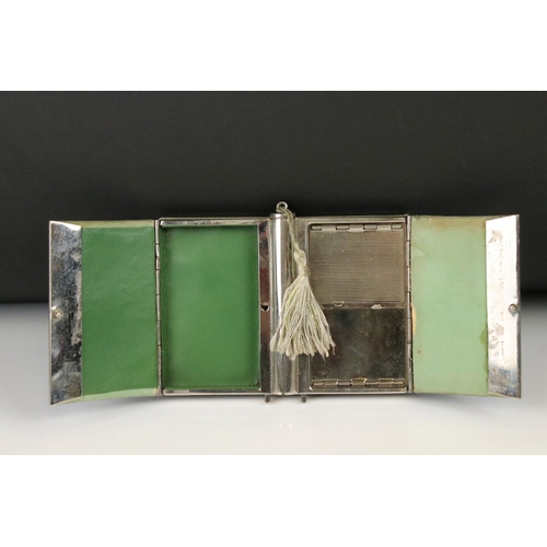 91 - Art Deco Chrome Plated Combination Compact and Cigarette Case with green guilloche style decoration ... 