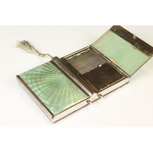 91 - Art Deco Chrome Plated Combination Compact and Cigarette Case with green guilloche style decoration ... 