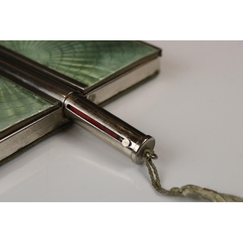 91 - Art Deco Chrome Plated Combination Compact and Cigarette Case with green guilloche style decoration ... 