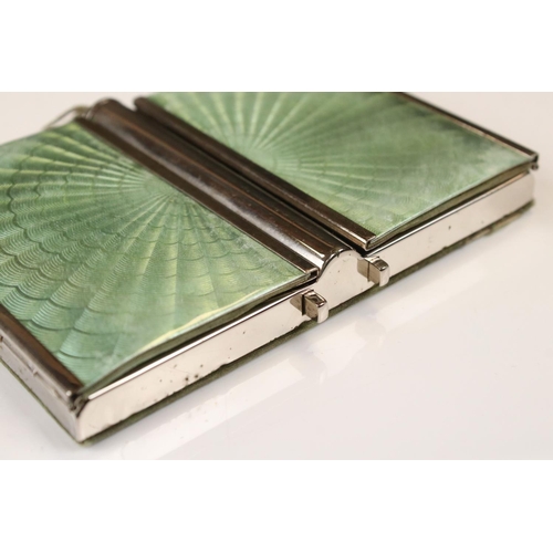 91 - Art Deco Chrome Plated Combination Compact and Cigarette Case with green guilloche style decoration ... 