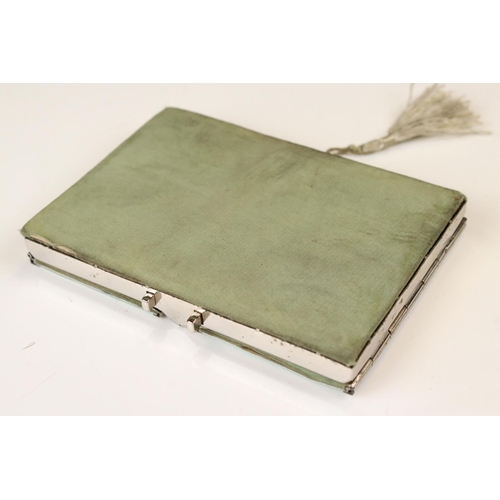 91 - Art Deco Chrome Plated Combination Compact and Cigarette Case with green guilloche style decoration ... 