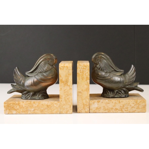 92 - Pair of Art Deco Marble Bookends mounted with Bronze Mandarin Ducks, 11cm long x 10cm high