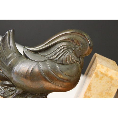 92 - Pair of Art Deco Marble Bookends mounted with Bronze Mandarin Ducks, 11cm long x 10cm high