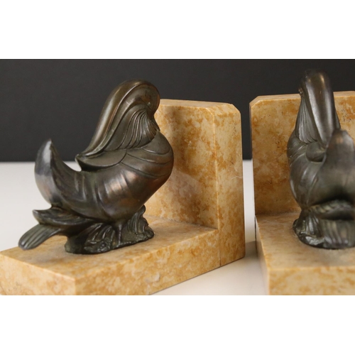 92 - Pair of Art Deco Marble Bookends mounted with Bronze Mandarin Ducks, 11cm long x 10cm high