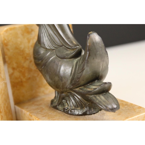 92 - Pair of Art Deco Marble Bookends mounted with Bronze Mandarin Ducks, 11cm long x 10cm high