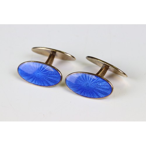 93 - David Andersen - Pair of  Norwegian Silver Gilt and Blue Guilloche Enamel Double-ended Oval Cufflink... 