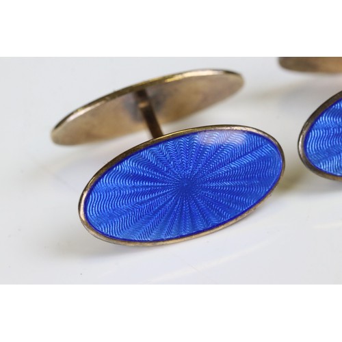 93 - David Andersen - Pair of  Norwegian Silver Gilt and Blue Guilloche Enamel Double-ended Oval Cufflink... 