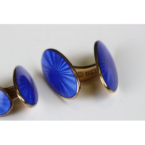 93 - David Andersen - Pair of  Norwegian Silver Gilt and Blue Guilloche Enamel Double-ended Oval Cufflink... 