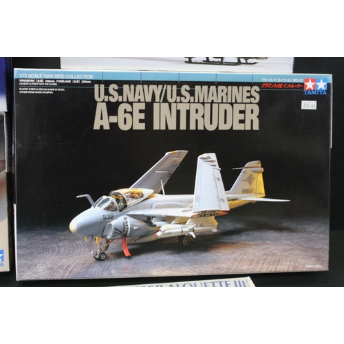 371 - Six boxed plastic model kits to include 4 x Tamiya 1/72 (60742 U.S Navy A-6E Intruder, 60703 Lockhee... 