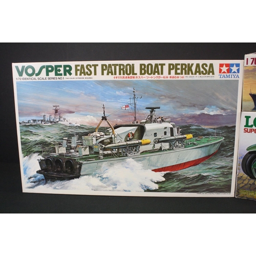 372 - Three boxed Tamiya plastic model kits to include 1/72 Vosper Fast Patrol Boat Perkasa, 1/24 Lotus Su... 