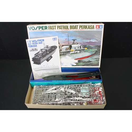 372 - Three boxed Tamiya plastic model kits to include 1/72 Vosper Fast Patrol Boat Perkasa, 1/24 Lotus Su... 