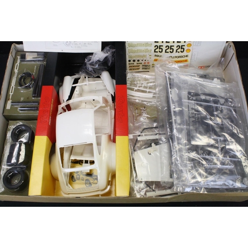 381 - Three Boxed plastic model kits to include an unbuilt Tamiya 1:12 Big Scale Series Porsche Turbo RSR ... 