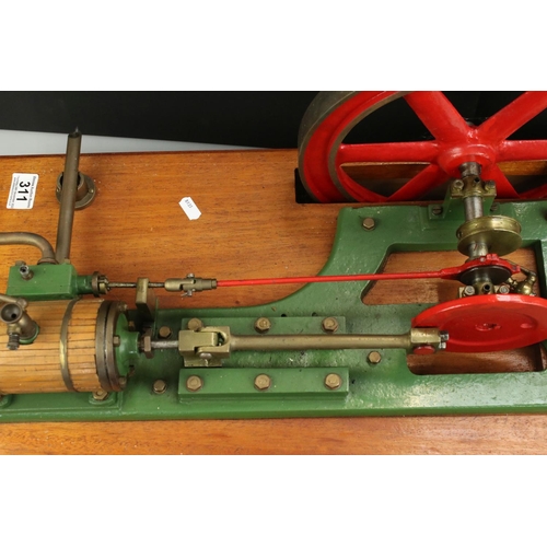 311 - Stationary Beam Engine in the Stuart Turner style, unmarked, main body green with red, wooden base, ... 