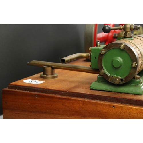 311 - Stationary Beam Engine in the Stuart Turner style, unmarked, main body green with red, wooden base, ... 