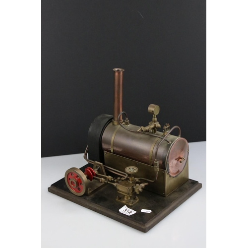 312 - Stationary steam engine with large brass boiler, on base, unmarked, 13 x 10