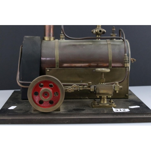 312 - Stationary steam engine with large brass boiler, on base, unmarked, 13 x 10