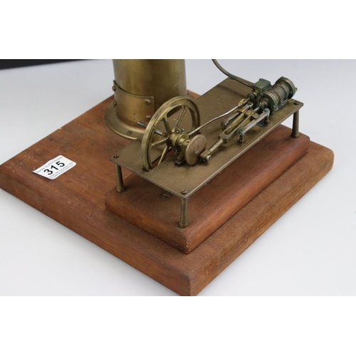 315 - Brass stationary steam engine on wooden base, 10 x 9