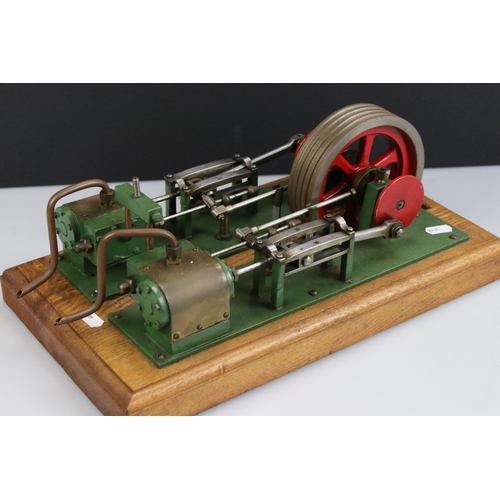 318 - Horizontal Stationary Mill Engine on wooden base, main body colour green, unmarked, possibly Stuart