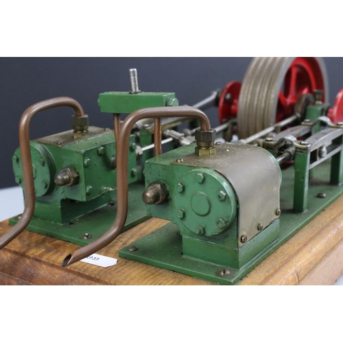 318 - Horizontal Stationary Mill Engine on wooden base, main body colour green, unmarked, possibly Stuart