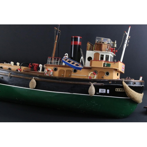 327 - Large well built tug boat made for engine fittings (none present), shows some wear and display dust ... 