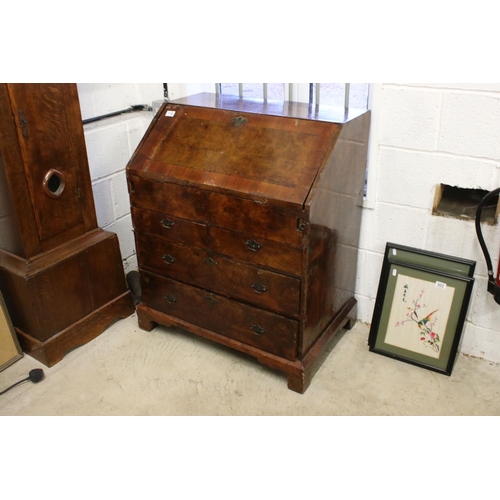 118 - Early 18th century Walnut and Feather Banded Bureau, the fall front opening to a fitted interior wit... 