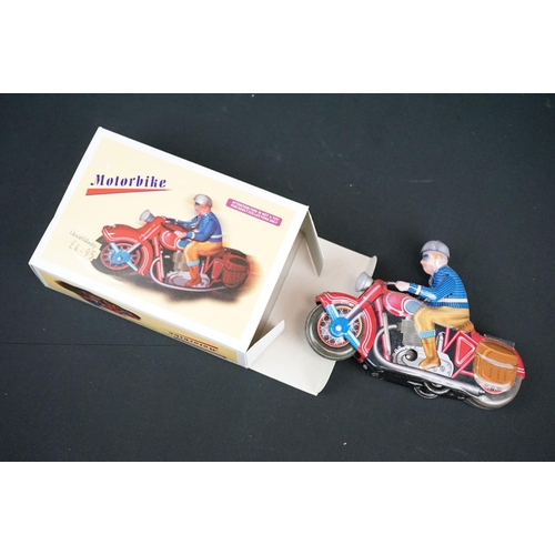 445 - Six boxed tinplate motorcycles, to include Schylling United States Postage Special Delivery, Orienta... 