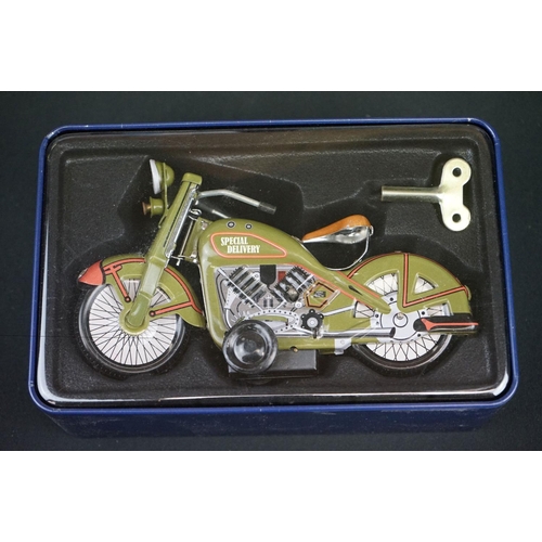 445 - Six boxed tinplate motorcycles, to include Schylling United States Postage Special Delivery, Orienta... 