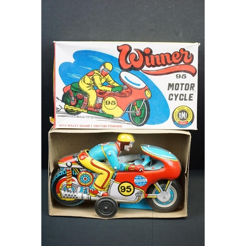 445 - Six boxed tinplate motorcycles, to include Schylling United States Postage Special Delivery, Orienta... 