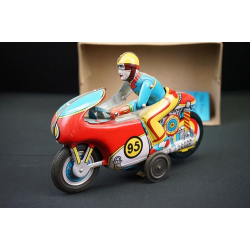 445 - Six boxed tinplate motorcycles, to include Schylling United States Postage Special Delivery, Orienta... 