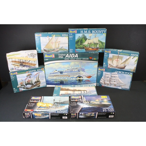 379 - 10 Boxed & unbuilt Revell plastic model kits, mostly ship kits, to include 3 x 500th Anniversary of ... 