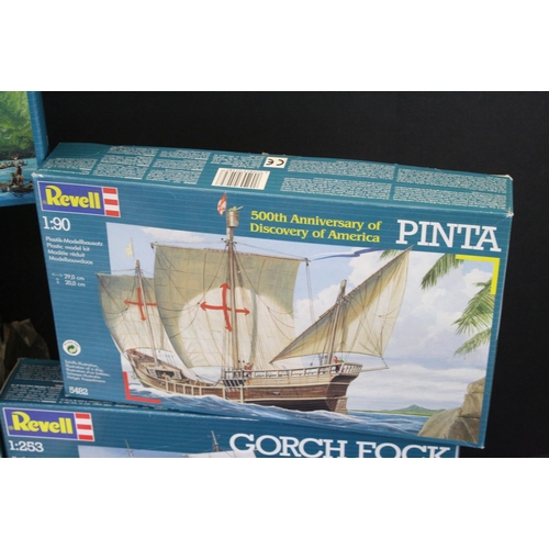 379 - 10 Boxed & unbuilt Revell plastic model kits, mostly ship kits, to include 3 x 500th Anniversary of ... 