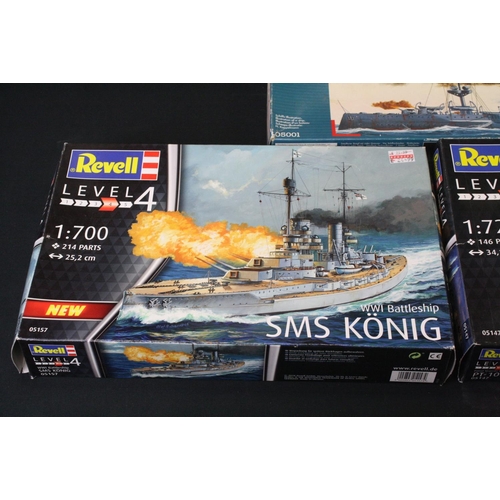 379 - 10 Boxed & unbuilt Revell plastic model kits, mostly ship kits, to include 3 x 500th Anniversary of ... 