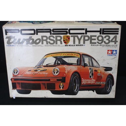 381 - Three Boxed plastic model kits to include an unbuilt Tamiya 1:12 Big Scale Series Porsche Turbo RSR ... 