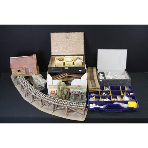 382 - Quantity of scenery and lay out accessories to include trees, track, walls, buildings etc plus plast... 