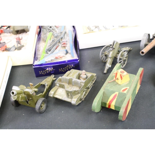 450 - Collection of around 150 play worn mostly military metal figures and diecast vehicles, to include 19... 