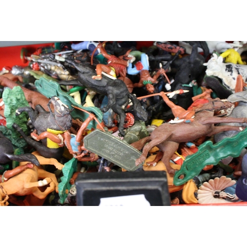 455 - Collection of plastic figures to include soldiers, knights, cowboys & Indians and animals, featuring... 