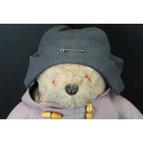 465 - Original Paddington Bear soft toy with blue Dunlop boots, blue hat, lilac coat and original laminate... 