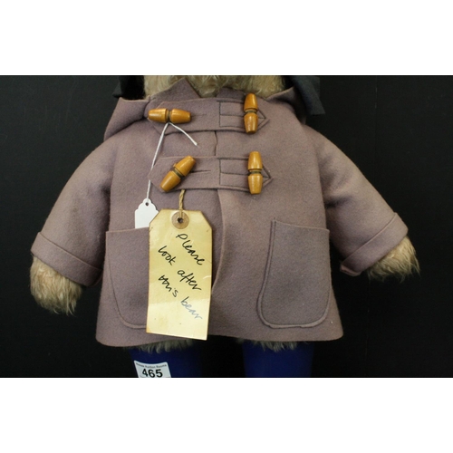 465 - Original Paddington Bear soft toy with blue Dunlop boots, blue hat, lilac coat and original laminate... 