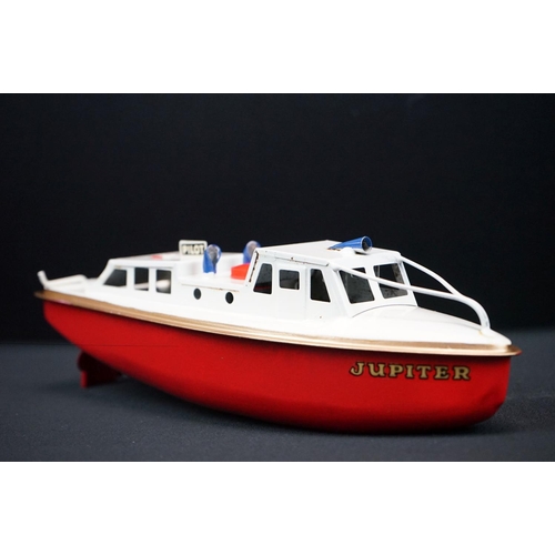 433 - Three boxed Sutcliffe metal boats to include Jupiter in red & white, Merlin electric Speed Boat in r... 