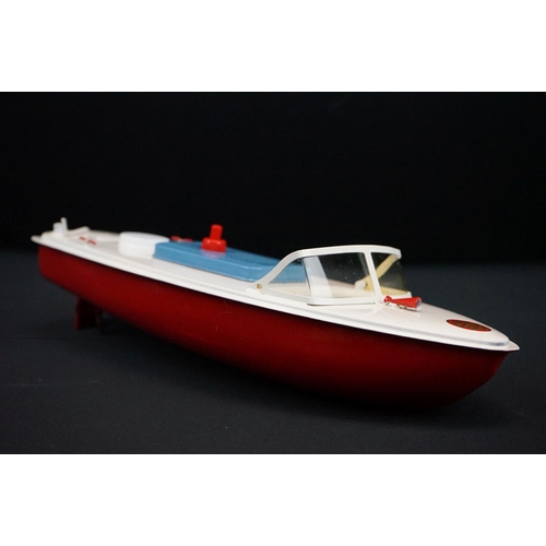 433 - Three boxed Sutcliffe metal boats to include Jupiter in red & white, Merlin electric Speed Boat in r... 