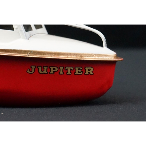 439 - Three boxed Sutcliffe clockwork metal boats to include Jupiter Ocean Pilot Cruiser in red & white, S... 