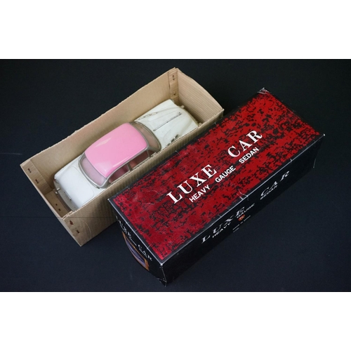 440 - Two boxed tinplate Luxe Car Heavy Gauge Sedan models, one cream with pink roof, the other blue