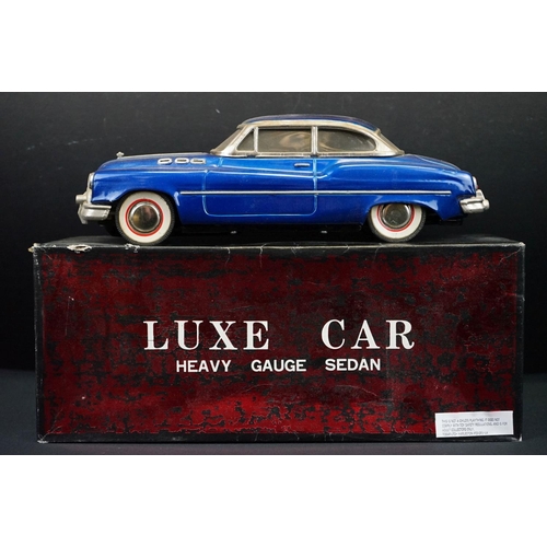 440 - Two boxed tinplate Luxe Car Heavy Gauge Sedan models, one cream with pink roof, the other blue