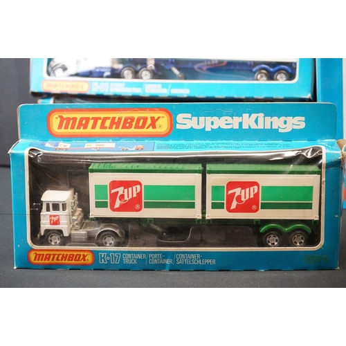 1203 - Seven boxed Matchbox SuperKings diecast models, to include K-44 Bridge Layer Set, K-31 Peterbilt Ref... 