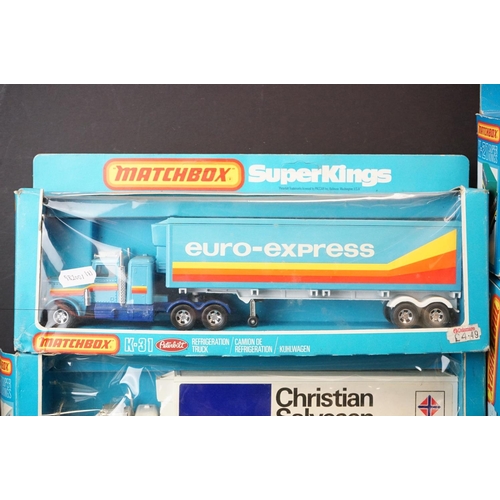 1203 - Seven boxed Matchbox SuperKings diecast models, to include K-44 Bridge Layer Set, K-31 Peterbilt Ref... 