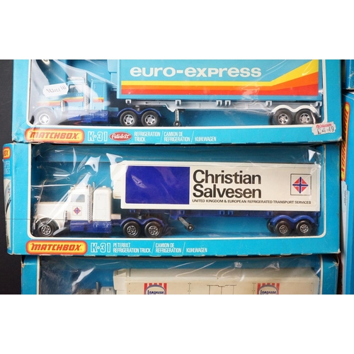 1203 - Seven boxed Matchbox SuperKings diecast models, to include K-44 Bridge Layer Set, K-31 Peterbilt Ref... 